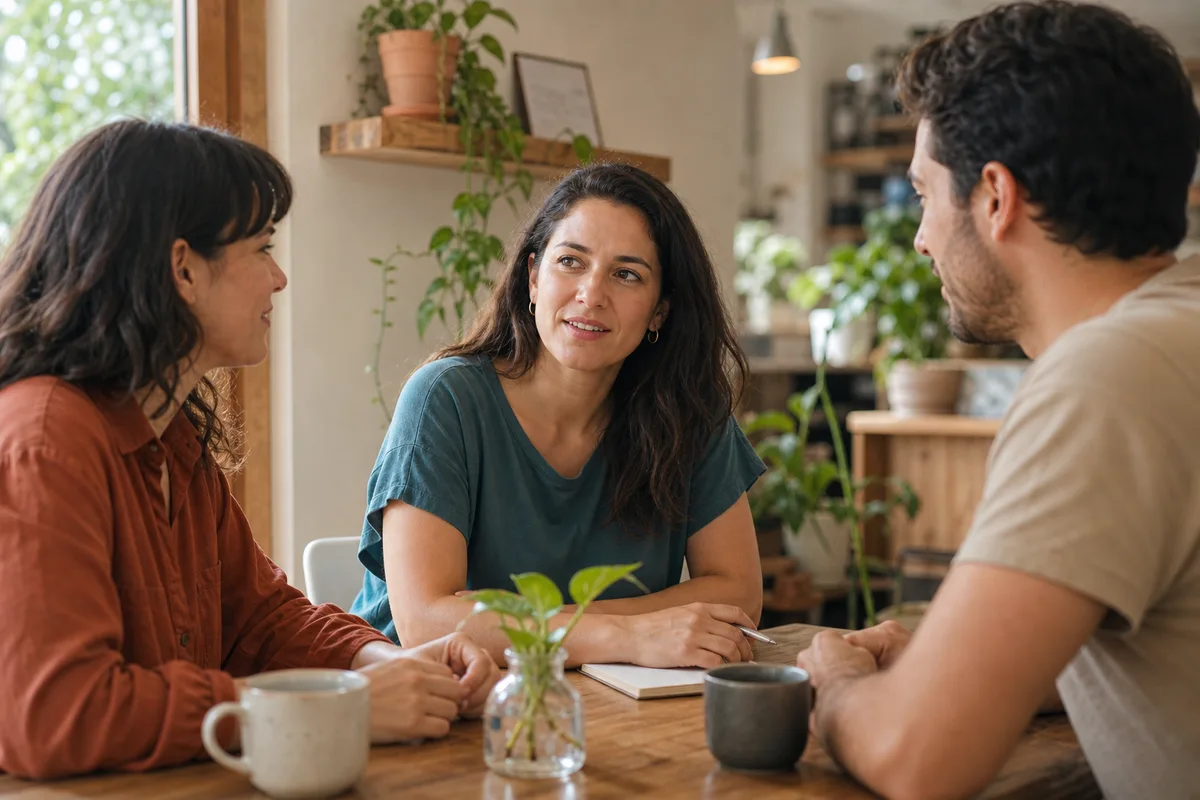 Tres personas conversando en un ambiente tranquilo